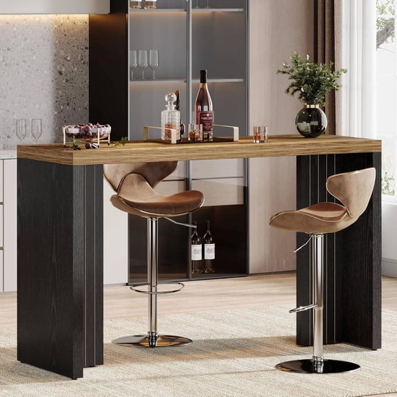 55.12-Inch Long Modern Counter Height Bar Table, Rectangular Pub Table with Spacious Brown Top and Black Legs, for Living Room, Balcony, or Basement