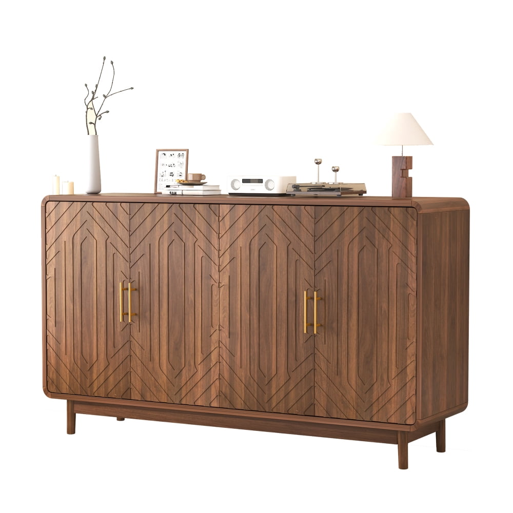55.12 Inch Walnut 4 Door Carved Sideboard Buffet Cabinet, Chevron ...
