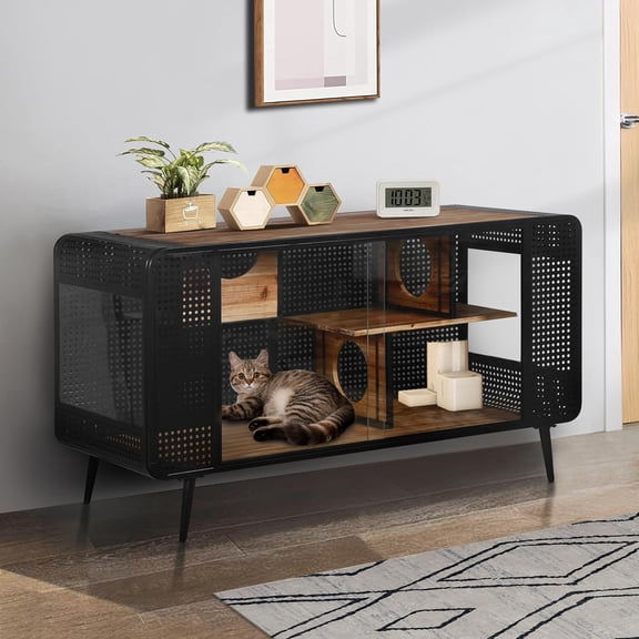 55.12" Large Cat House with Tempered Glass Doors, Indoor Cat Enclosure with Shelves, Multi-Feature Enclosed Cat Condo, Black