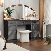 55.12" Large Makeup Vanity Desk with Arched LED Light Mirror, Tempered Glass Tabletop, 3 Drawers & 2 Storage Cabinets, Black