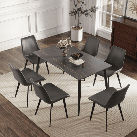 55.12" Modern Black Dining Table with 6-Seat Capacity (Artificial Stone & Black Metal Legs) - Dining Table Only