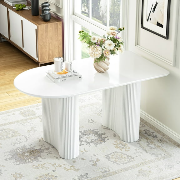 55.12" Modern White Oval Dining Table, Kitchen Table with Dual Vertical Grooved Pedestal Base for Dining Room, Kitchen, Apartment, Small Space