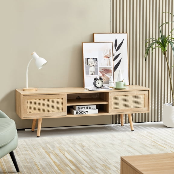 55.12" Natural MDF & Rattan Cabinet - Adjustable Height Partition - Living Room and Office - Easy to Clean Surface
