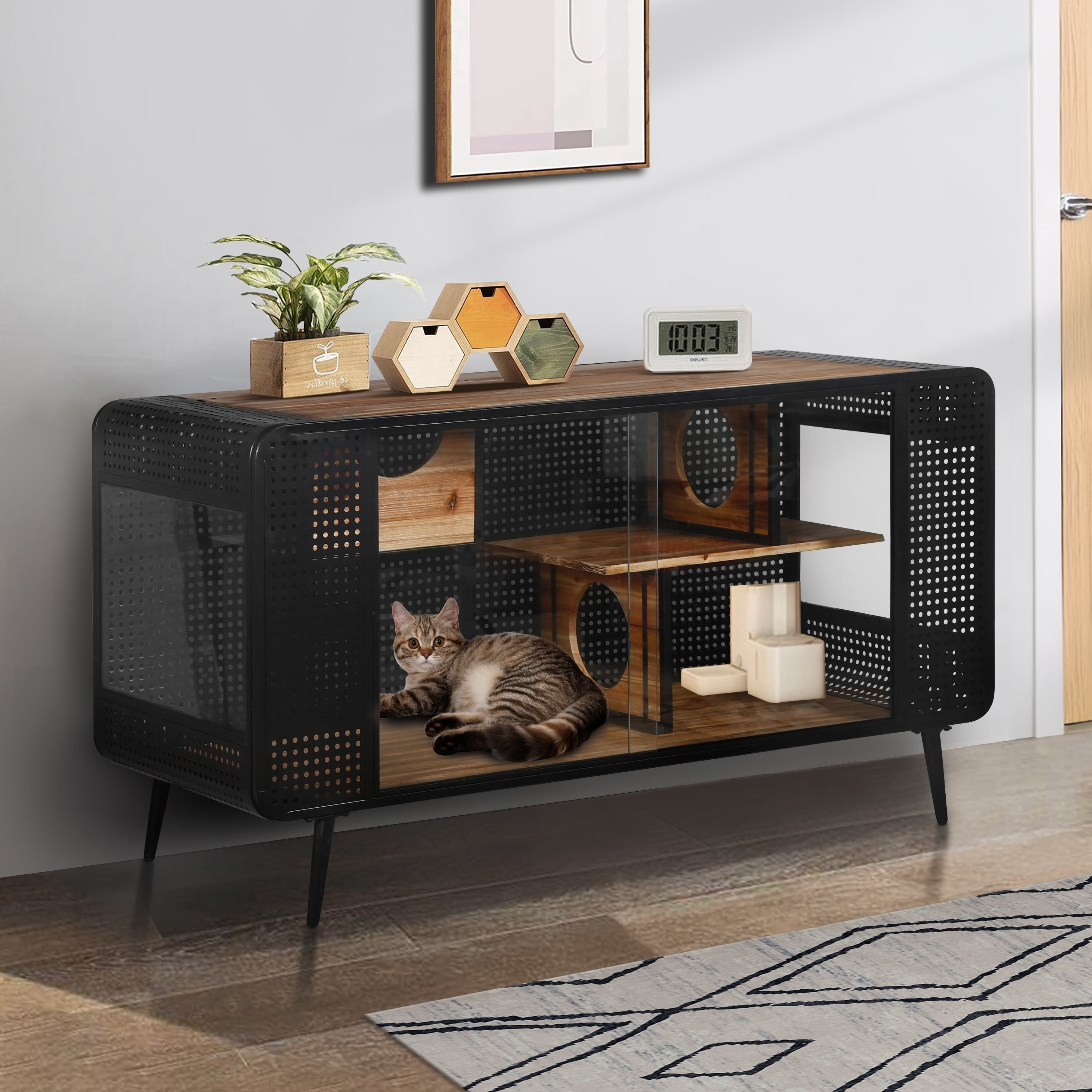55.12" Black Tempered Glass and Fir Wood Cat House