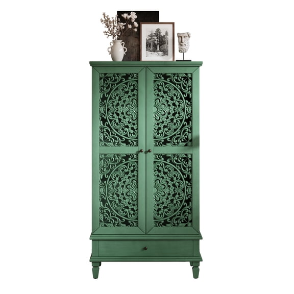 55.12" Tall Rustic Storage Cabinet, Antique Green Carved Hollow 2-Door Accent Cabinet with Bottom Drawer & Solid Wood Legs, Farmhouse Vintage Wooden Storage Cupboard for Living Room Hallway Dining Ro