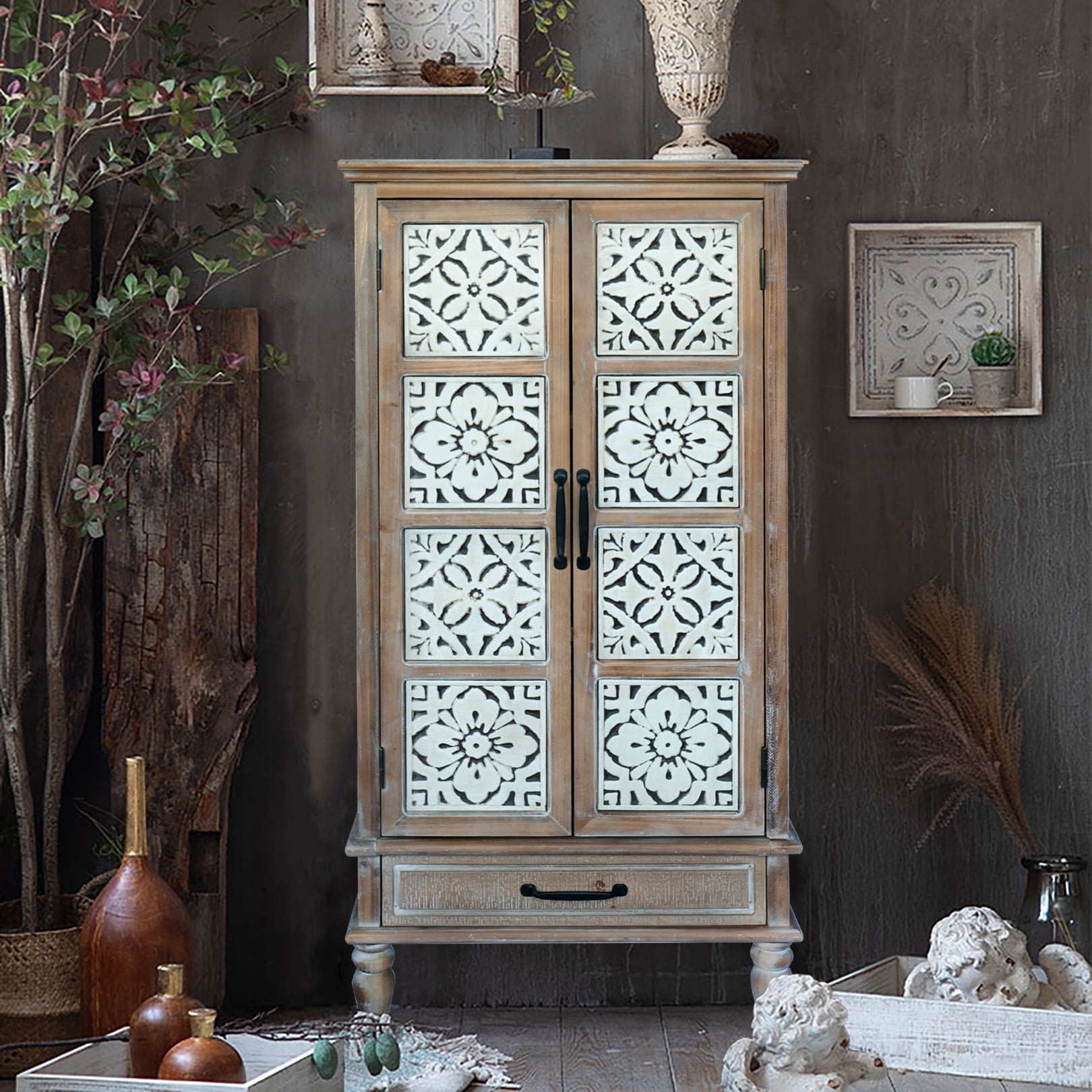 55.12'' Tall Tower Storage Cabinet, Rustic Wood Sideboard Pantry Cabinet with 2 Doors and 1 Drawer, Versatile Buffet Cabinet with Storage for Home Decor, Livingroom, Bedroom,  Natural+White