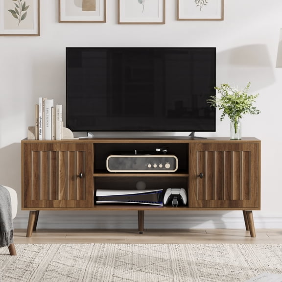55.12" Wooden TV Cabinet with 2 Vertical Groove Doors,Adjustable Storage Shelves,Living Room Storage Cabinet,Entertainment Center with Storage Space,Walnut
