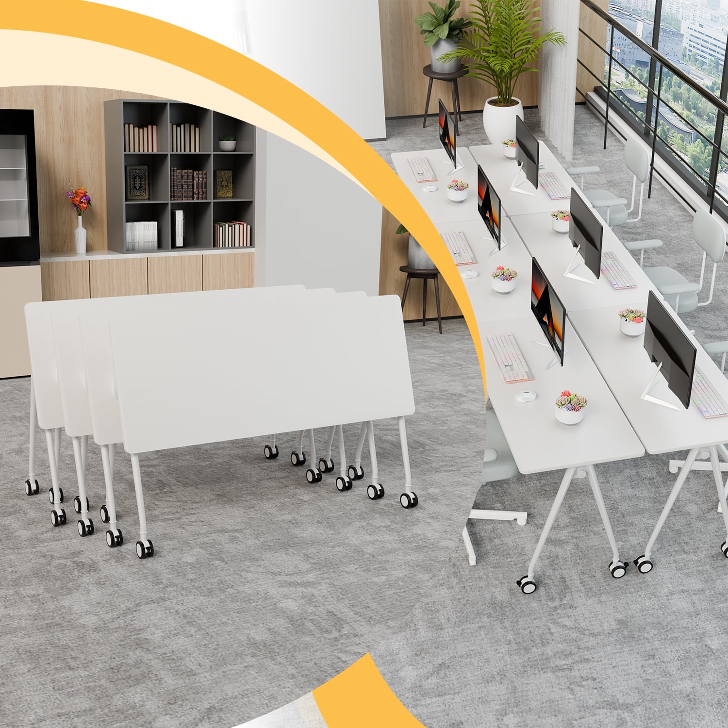 One Shell Mobile Table 55.1in Folding Conference Room Tables on Wheels, 4 Pack Large Mobile ...