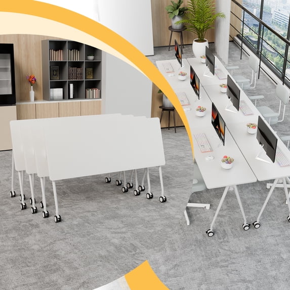 55.1in Folding Conference Room Tables on Wheels, 4 Pack Large Mobile Meeting Seminar Table Rectangular Flip Top Training Conference Table for Home Office, Classroom, Business (White)