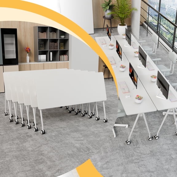 55.1in Folding Conference Room Tables on Wheels, 6 Pack Large Mobile Meeting Seminar Table Rectangular Flip Top Training Conference Table for Home Office, Classroom, Business (White)