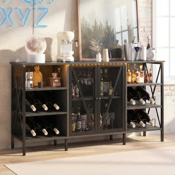 55.2"Black Rustic Wine Bar Cabinet with Wine Rack & Glass Holder, Coffee Bar with Adjustable Led Light, Metal Sideboard & Liquor Table Cabinet with Mesh Door for Home Bar