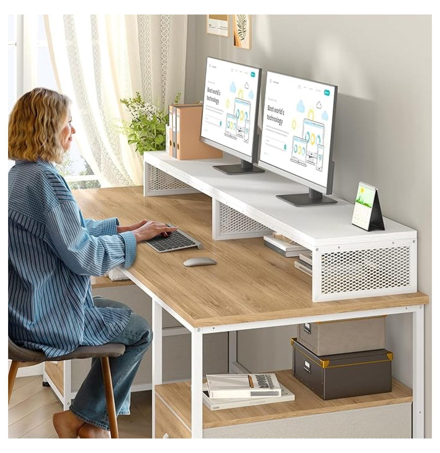 55.2" Computer Monitor Stand, Desk Shelf for Top of Desk for 3 * 23" Monitors/Laptop Computer/PC/Printers, TV Riser for 65 60 55 Inch TV for Bedroom Home Office, White
