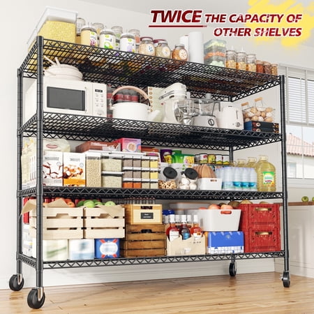 55.2"W x 75.3"H Rolling Storage Racks Heavy Duty Shelving Unit with Wheels 2500Lbs Metal Wire Shelves Adjustable Garage Storage Shelves 4 Tier Utility Steel Shelf for Kitchen Pantry, Black