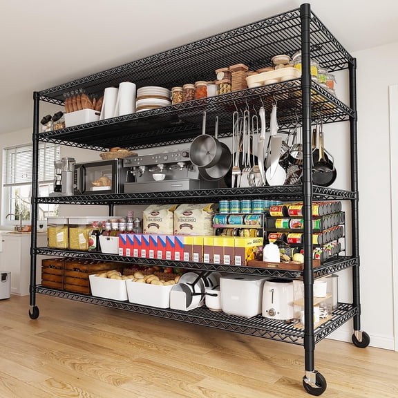 55.2"W x 85.8"H Wire Shelving Rack 3000Lbs Metal Storage Shelves with Wheels 5 Tier Heavy Duty Storage Rack for Garage Rolling Shelving Unit Adjustable Steel Shelves for Kitchen Pantry, Black