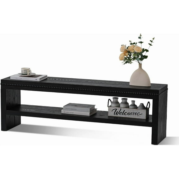 HOKYHOKY 55.2" Wood Entryway Bench-Farmhouse Long Storage Benches with Wood Beads Decor, Boho Narrow Bench Seat for Indoor, Entryway, Dining Room, Bedroom and Hallway, Black