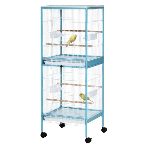 55" 2-in-1 Bird Cage Aviary - Large Parakeet House for Finches, Budgies - Light Blue, with Wheels