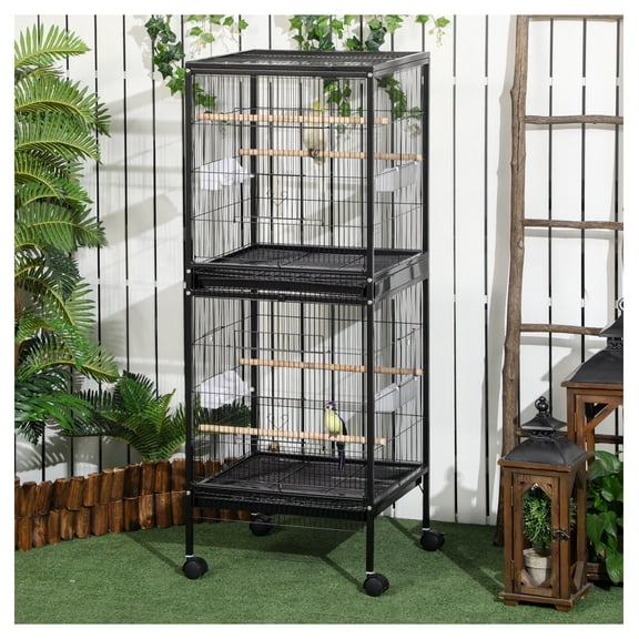 55" 2-in-1 Cage Aviary for Finches, Budgies, Parakeets with Wheels - Black