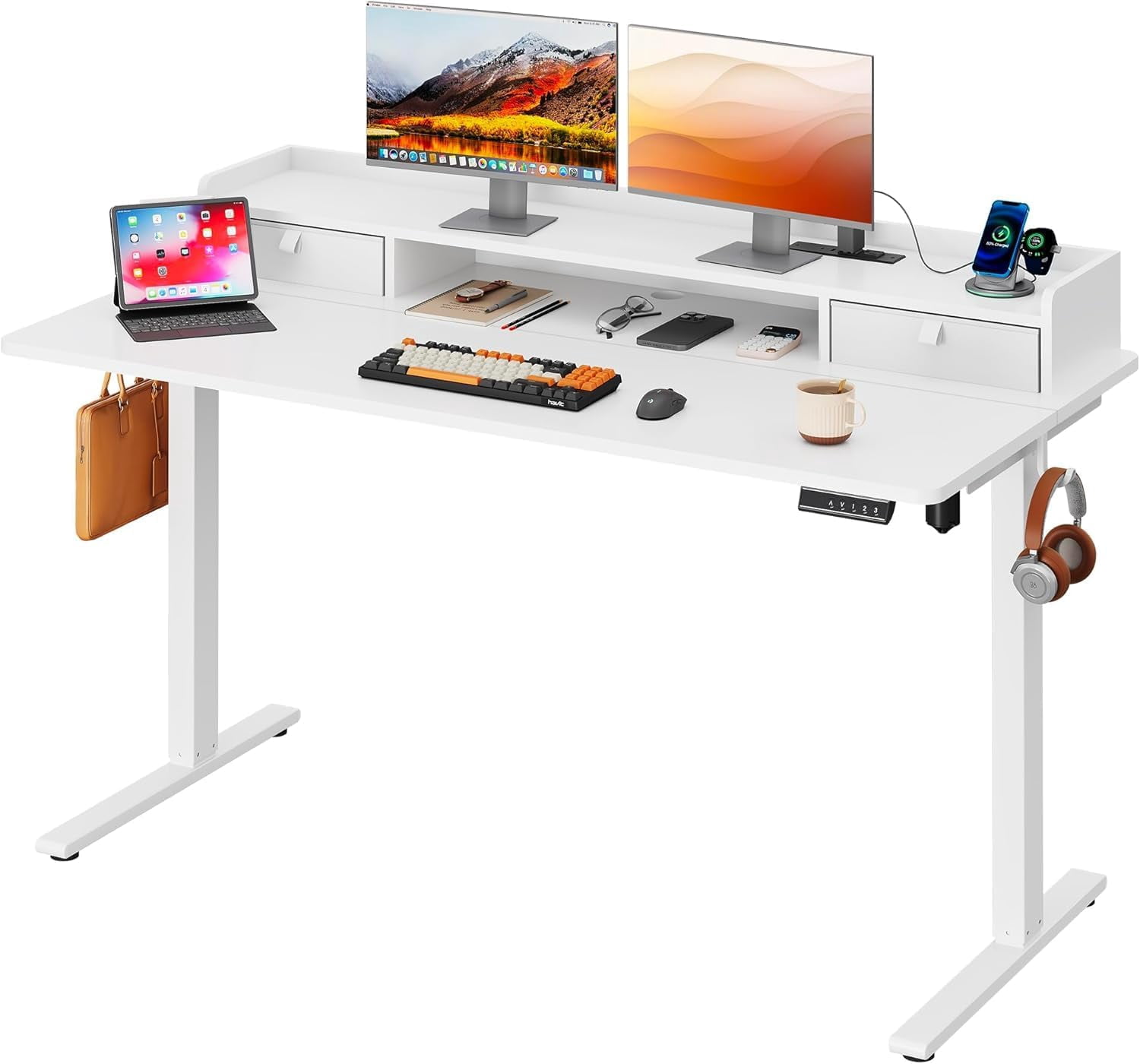 55×28 Inch Electric Standing Desk with Drawers, Computer Desk with 3 Adjustable Height, Storage Shelf and Built-in USB Outlet, Memory Preset, Sit to Stand Desk for Home Office, White