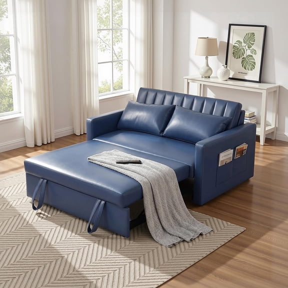 55" 3 in 1 Convertible Leather Pull Out Sofa Bed,Sleeper Sofa Bed,Loveseat Sleeper, Futon Sofa Couch with Side Pocket for Living Room, Apartment, Bedroom, Blue