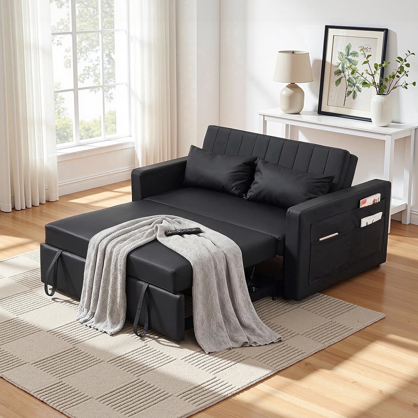 55" 3 in 1 Convertible Sleeper Sofa Bed, Leather Pull Out Sofa Bed, Loveseat Sleeper, Futon Sofa Couch with Side Pocket for Living Room, Apartment, Bedroom, Black