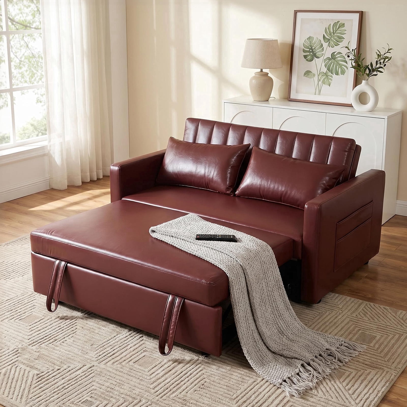 55" 3 in 1 Convertible Sleeper Sofa Bed, Leather Pull Out Sofa Bed, Loveseat Sleeper, Futon Sofa Couch with Side Pocket for Living Room, Apartment, Bedroom,Burgundy