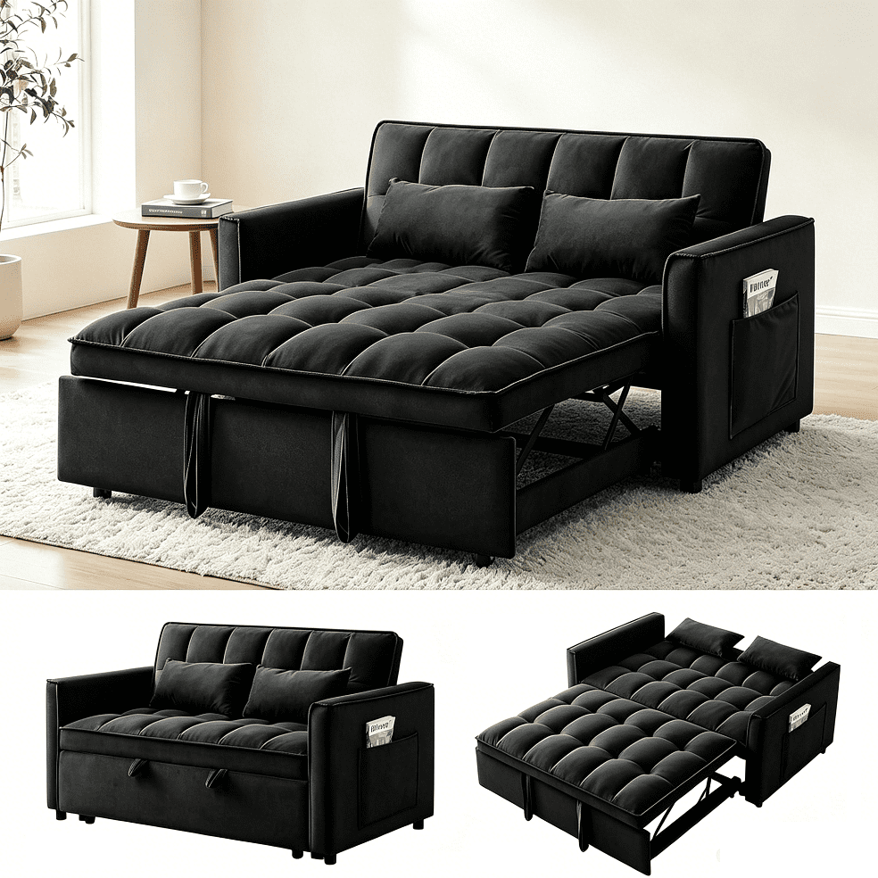 55" 3-in-1 Convertible Loveseat Sleeper Sofa, Velvet, with Pull-Out Bed, Reclining Backrest and Side Pockets, Black