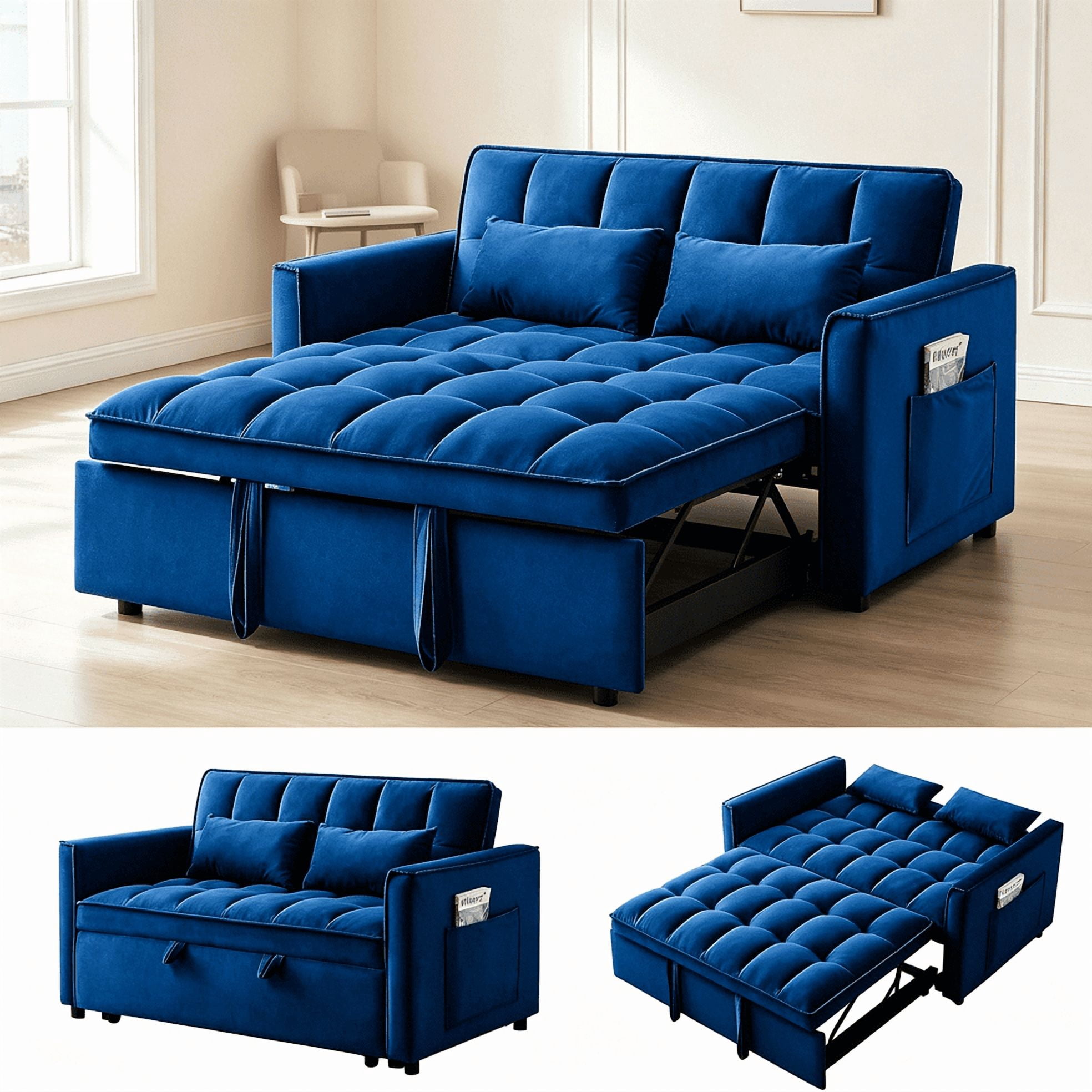 55" 3-in-1 Convertible Loveseat Sleeper Sofa, Velvet, with Pull-Out Bed, Reclining Backrest and Side Pockets, Blue
