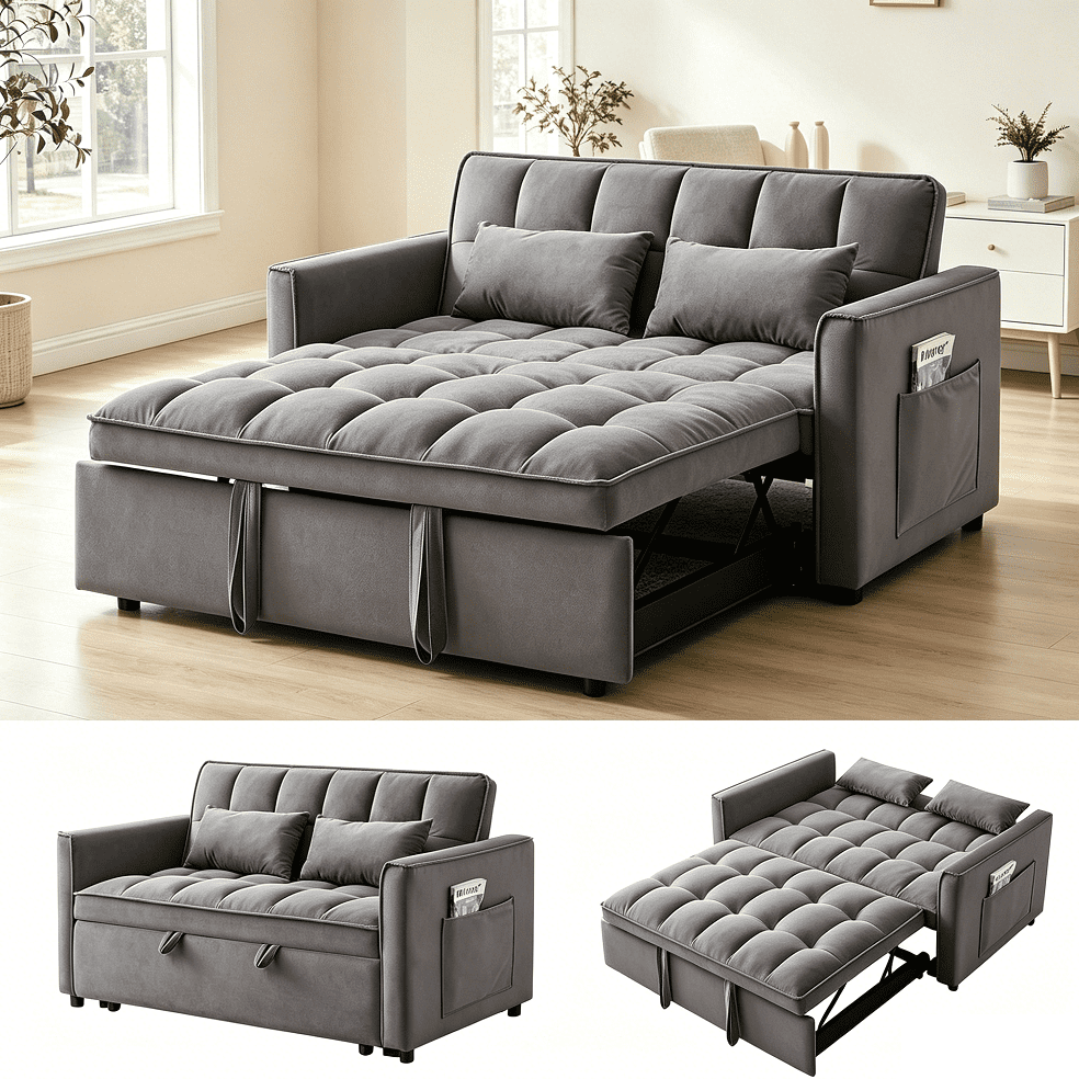 55" 3-in-1 Convertible Loveseat Sleeper Sofa, Velvet, with Pull-Out Bed, Reclining Backrest and Side Pockets, Dark Gray