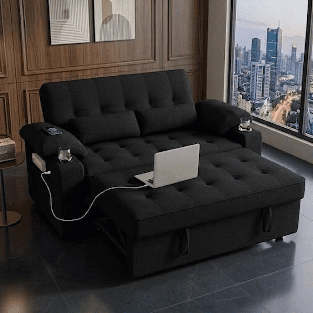 58" Convertible Sofa Bed Pull Out Couch Sleeper Loveseat with Teddy Fabric USB Charging Ports Adjustable Backrest Cup Holders and Side Pocket for Living Room Apartment Small Spaces,Black