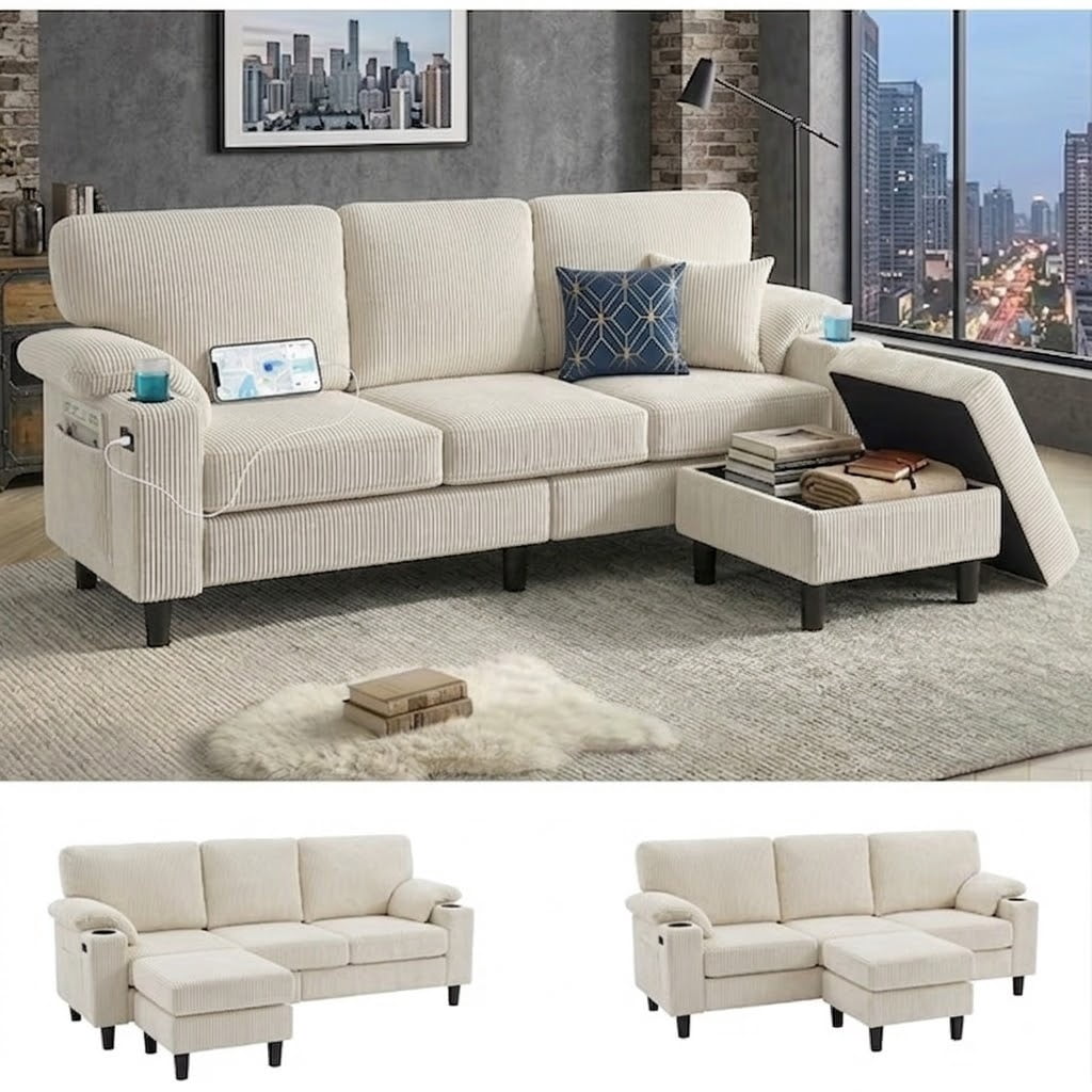 Howcool 80" Convertible Sectional Sofa Couch, L-Shaped Loveseat with Storage Ottoman, USB Ports, Cup Holders & Deep Seats, Modern Corduroy Fabric Couch for Apartment Living Room, Beige