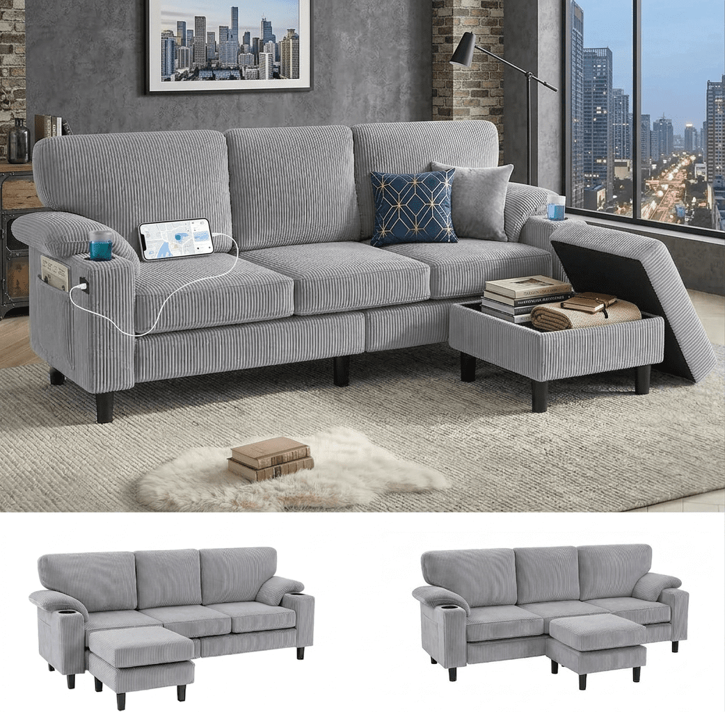 Howcool 80" Convertible Sectional Sofa Couch, L-Shaped Loveseat with Storage Ottoman, USB Ports, Cup Holders & Deep Seats, Modern Corduroy Fabric Couch for Apartment Living Room, Light Grey