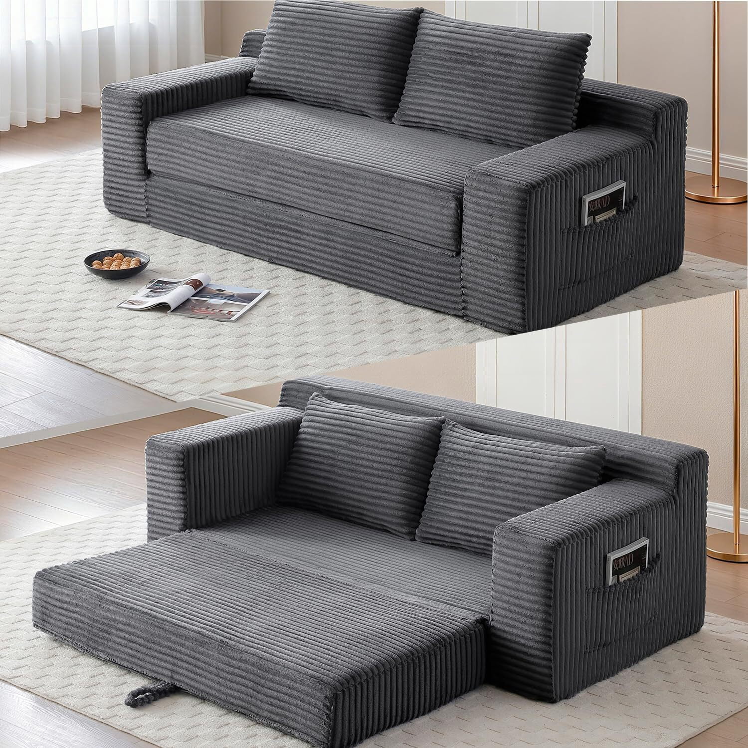 Howcool 73" Boneless Loveseat Sleeper Sofa,2 in 1 Pull Out Convertible Corduroy Floor Couch with Side Storage Pockets & 2 Throw Pillows,Foldable Guest Couch for Living Room,No Assembly Required,Grey