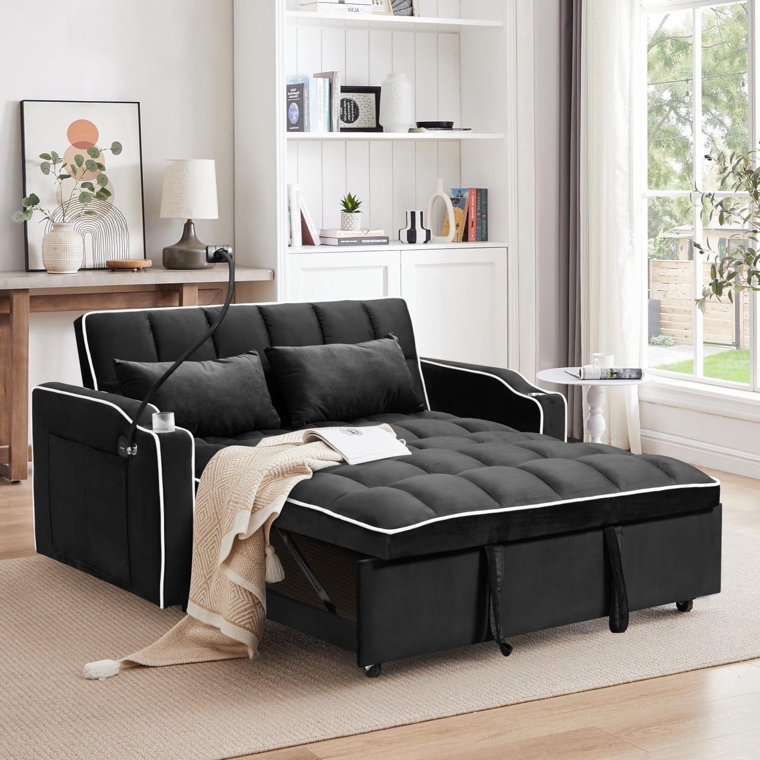 55" 3 in 1 Convertible Sofa Bed with Phone Holder, Loveseat Couch with Pull Out Bed, Space-Saving Apartment Sofa, Black