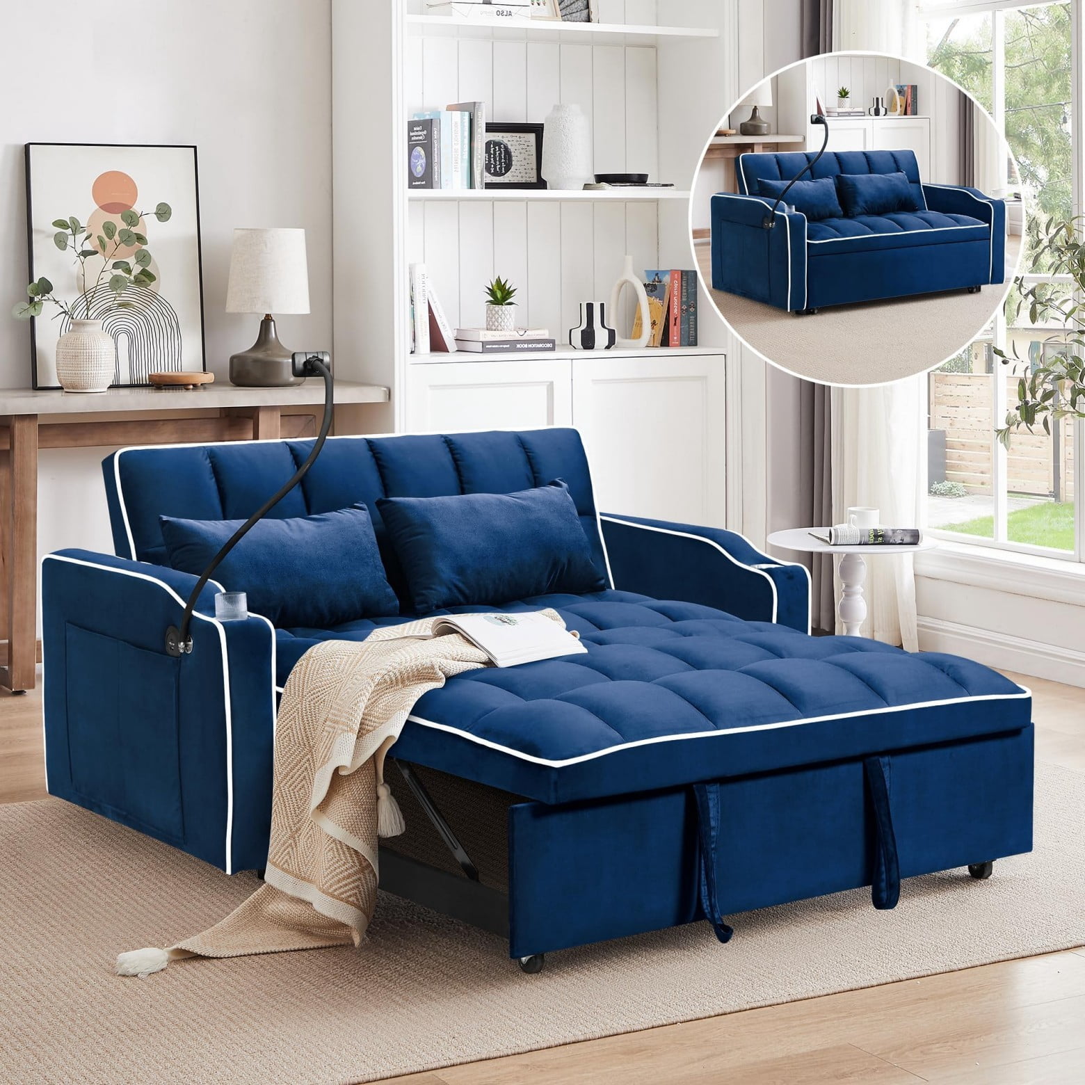 55" 3 in 1 Convertible Sofa Bed with Phone Holder, Loveseat Couch with Pull Out Bed, Space-Saving Apartment Sofa, Dark Blue