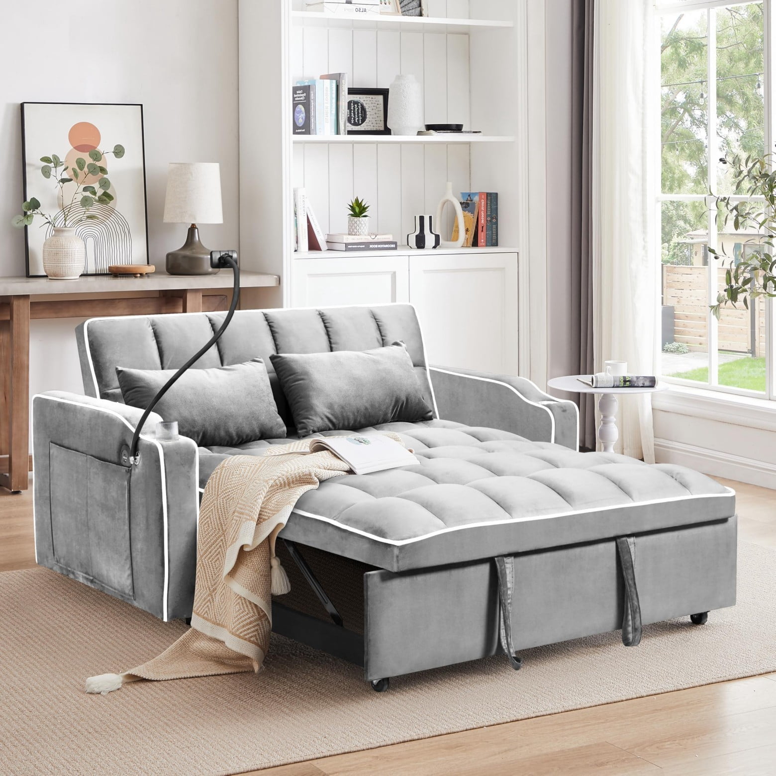 55" 3 in 1 Convertible Sofa Bed with Phone Holder, Loveseat Couch with Pull Out Bed, Space-Saving Apartment Sofa, Light Gray
