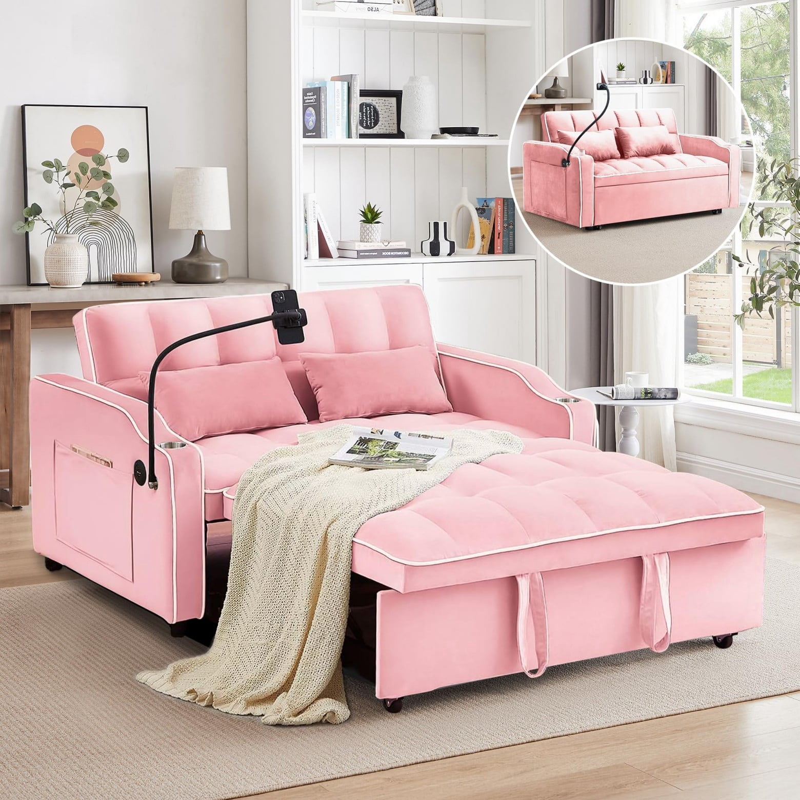 55" 3 in 1 Convertible Sofa Bed with Phone Holder, Loveseat Couch with Pull Out Bed, Space-Saving Apartment Sofa, Pink