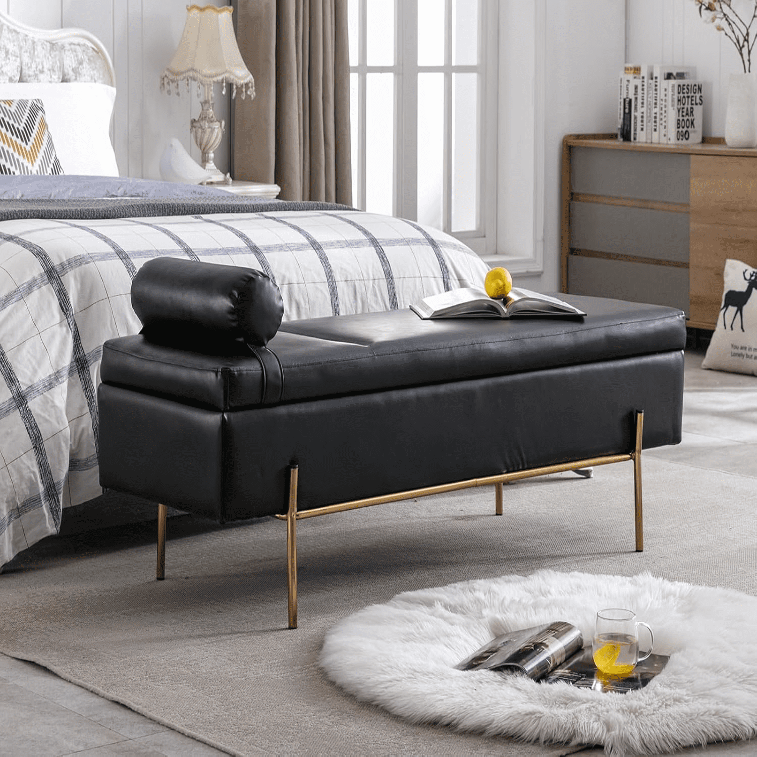 55" Black Leather Bedroom Bench for End of Bed Modern Upholstered ...
