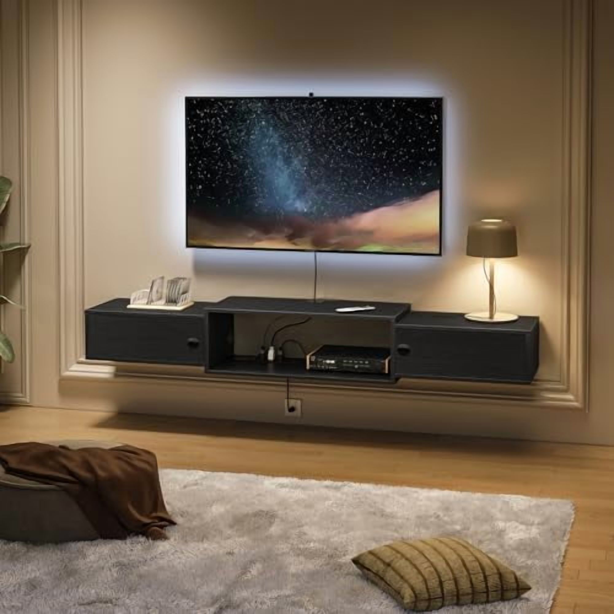 Fresh Look at 55 Floating TV Stand With Power Outlets Modern Wall Mounted