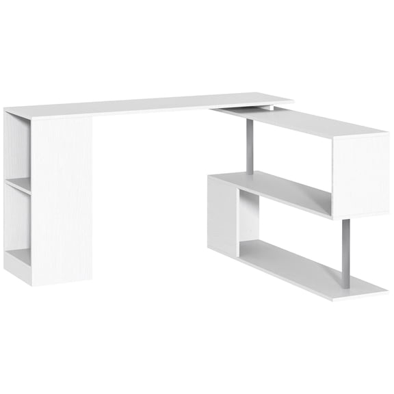 55" 360 Rotating Corner Computer Desk Modern L-Shaped Home Office Workstation With 3-Tier Storage Shelves, Bookshelf, White