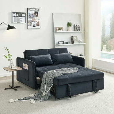 Triple Tree Velvet 55.5" 3 in 1 Pull Out Sofa with pillows, Black