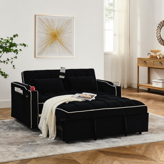 55.5" Convertible Velvet Sofa Bed, 3-in-1 Folding Design with USB Charging & Swivel Phone Stand, Adjustable Back for Lounge/Bed, Solid Wood Frame, Space-Saving for Apartments/Guest Rooms, Black