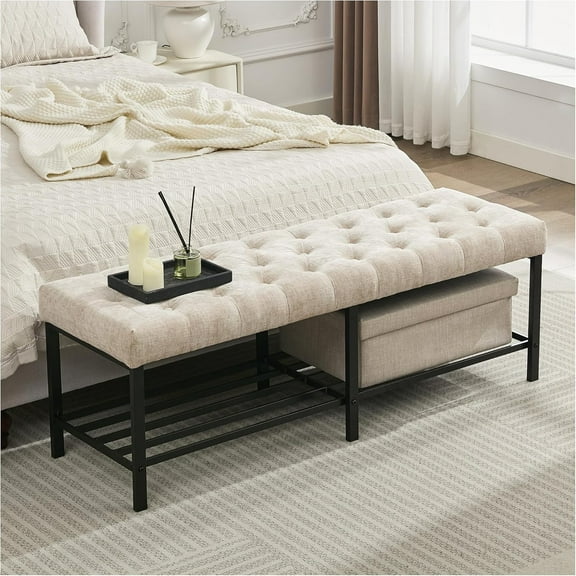 55.5" End of Bed Bench, Modern Chenille Button Tufted Bedroom Bench, Upholstered Storage Shoe Bench with Metal Base, Dinning Table Bench for Living Room, Bedroom, Entryway, Light Brown