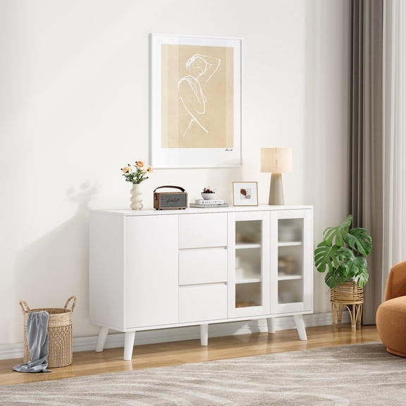 55.5" Farmhouse Buffet Cabinet 3 Drawers & Pop-Up Doors Rustic Sideboard for Dining Room Kitchen