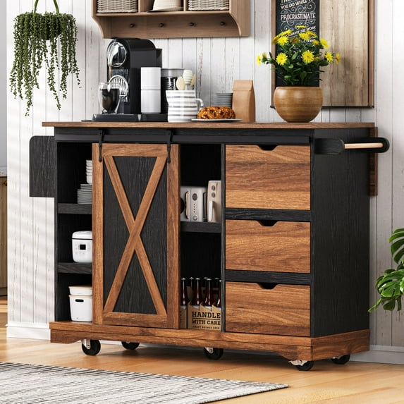 55.5" Farmhouse Kitchen Island with Drop Leaf, Kitchen Storage Island with Barn Door, Power Outlet, Rolling Kitchen Cart on Wheels with Spice Rack, for Home, Kitchen, Dining Room, Black
