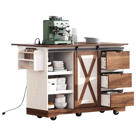 55.5" Farmhouse Kitchen Island with Drop Leaf, Barn Door, Power Outlet, Spice Rack, Rolling Cart on Wheels, White