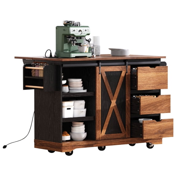 55.5" Farmhouse Kitchen Island with Power Outlet, Drop Leaf & Barn Door, Rolling Cart with Spice Rack, 400lb Capacity, Brown