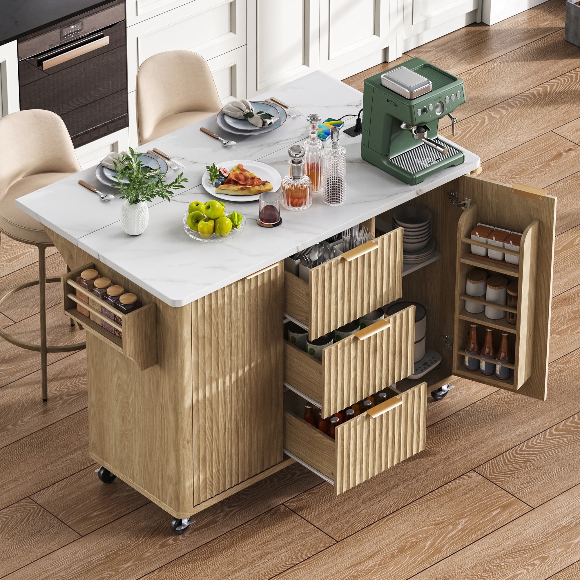 55.5" Fluted Kitchen Island with Drop Leaf, Power Outlet, Storage-6 Door Shelves, Adjustable Shelves, Faux Marble Top, Curved Edge for Dining Room