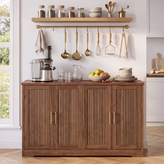 55.5 Inch Fluted Sideboard Buffet Cabinet, 4-Door Credenza Console, Walnut