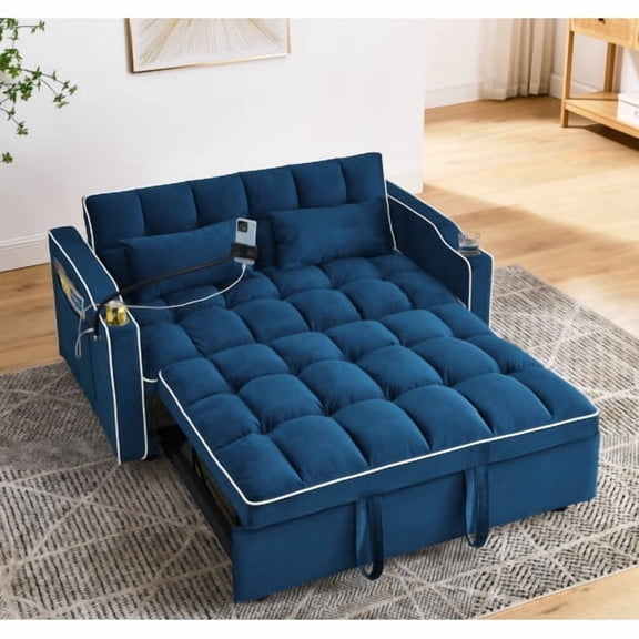 55.5 Inch Versatile Foldable Sofa Bed, Adjustable Back Velvet Pull Out Bed with USB Port and Swivel Phone Stand, 3-in-1 Sleeper Sofa for Living Room, Blue