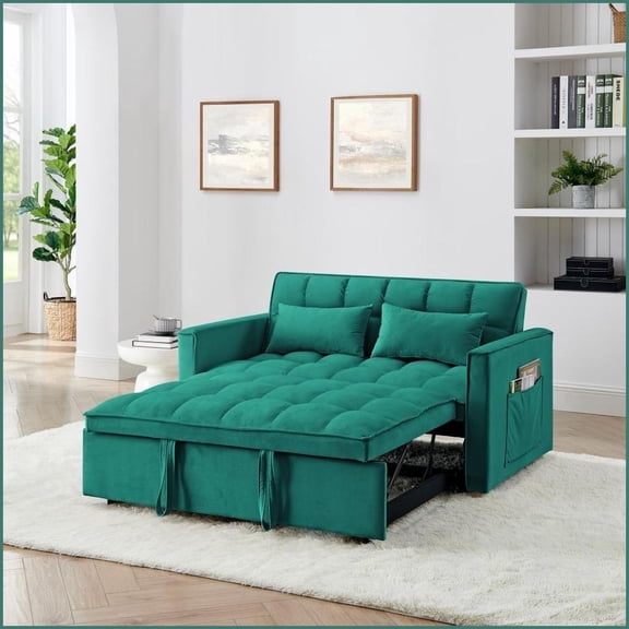 55.5 Inch Modern Convertible Sofa Bed  Adjustable Back, Soft Velvet for Living Room | Green | Velvet | Cushion Back